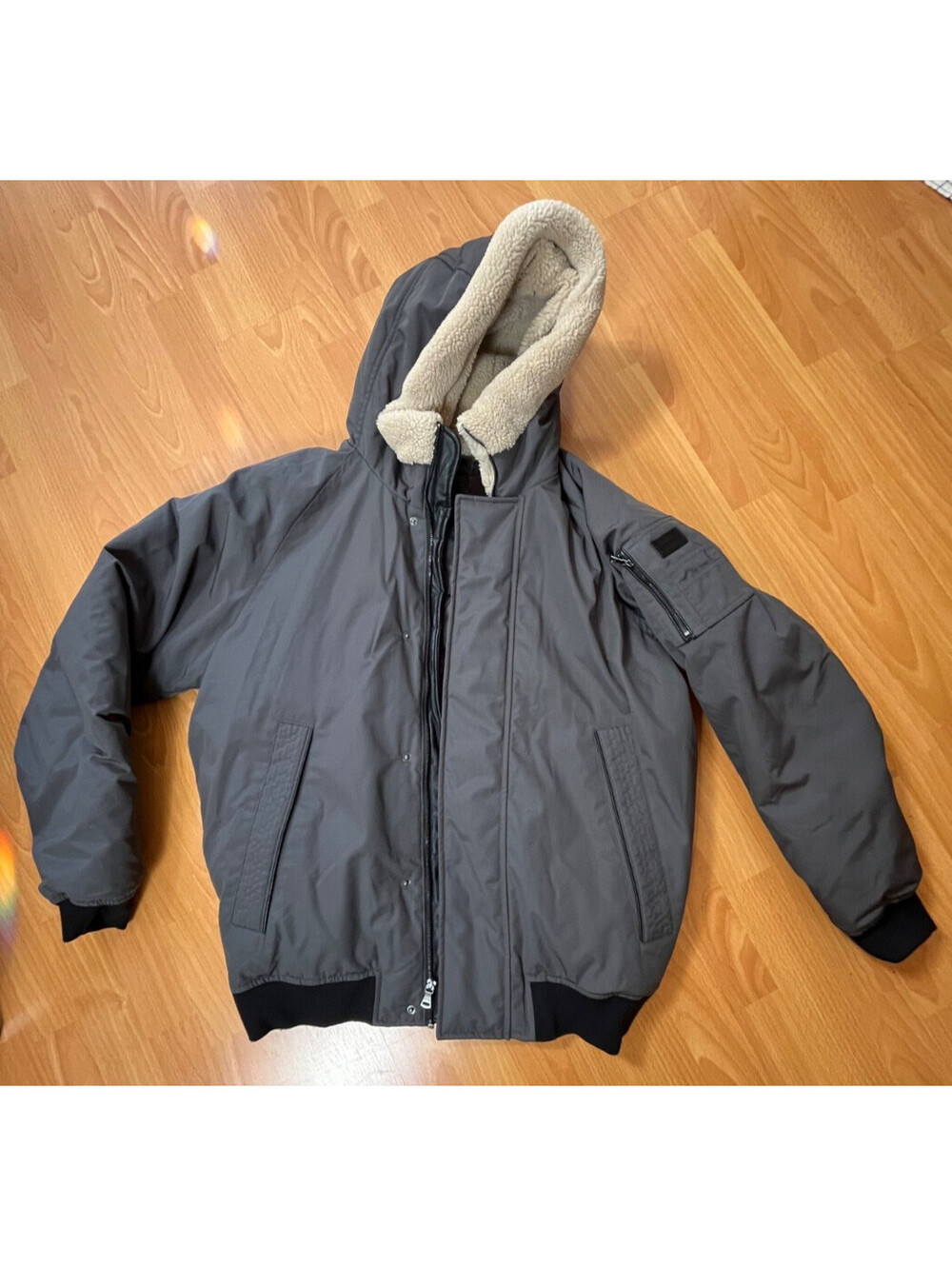 Sean John Mens L Bomber Jacket Gray Sherpa Hood Insulated Heavyweight Winter